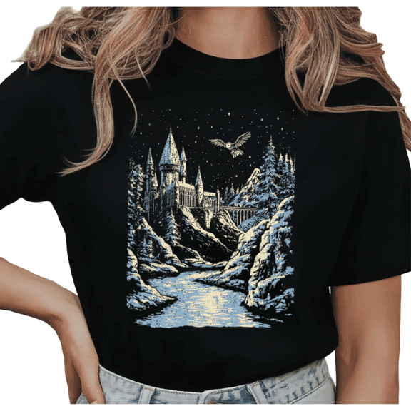 Women's Wizard Castle Winter Night Owl Graphic T Shirt Fantasy Magic Castle Print Casual Short Sleeve Round Neck Top Black S-5XL