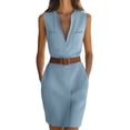 thumbnail image 2 of ClodeEU Women's V Neck Sleeveless Midi Work Dress with Waist Belt，Business Casual Office Dress Blue,Women's Plus M, 2 of 7
