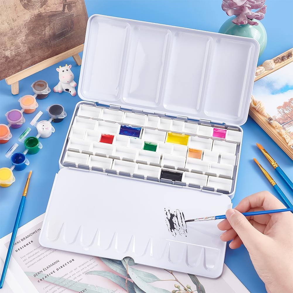 PH Large Watercolor Palette Box Metal Paint Tin with 42pcs 2ml Pans/24pcs 3.2ml Pans Empty Watercolor Tins Palette Paint Case for Artist Student Painting Supplies 4.49x8.9x0.93inch White