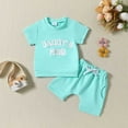 thumbnail image 2 of SUXIAN Girls Boys Letter Print Summer Short Sleeve T Shirt Sports Short Pants Two Piece Outfit Sets Blue 18M, 2 of 9