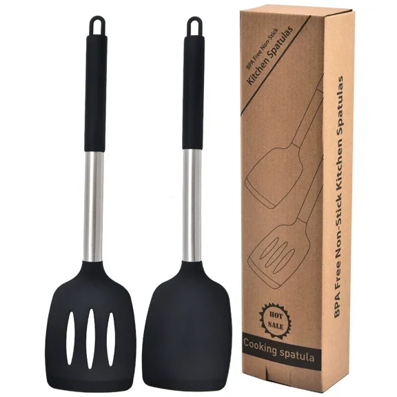 Pack of 2 Silicone Solid Turner, Non Stick Slotted Kitchen Spatulas, High Heat Resistant BPA Free Cooking Utensils, Ideal Cookware for Fish, Eggs, Pancakes(Black)