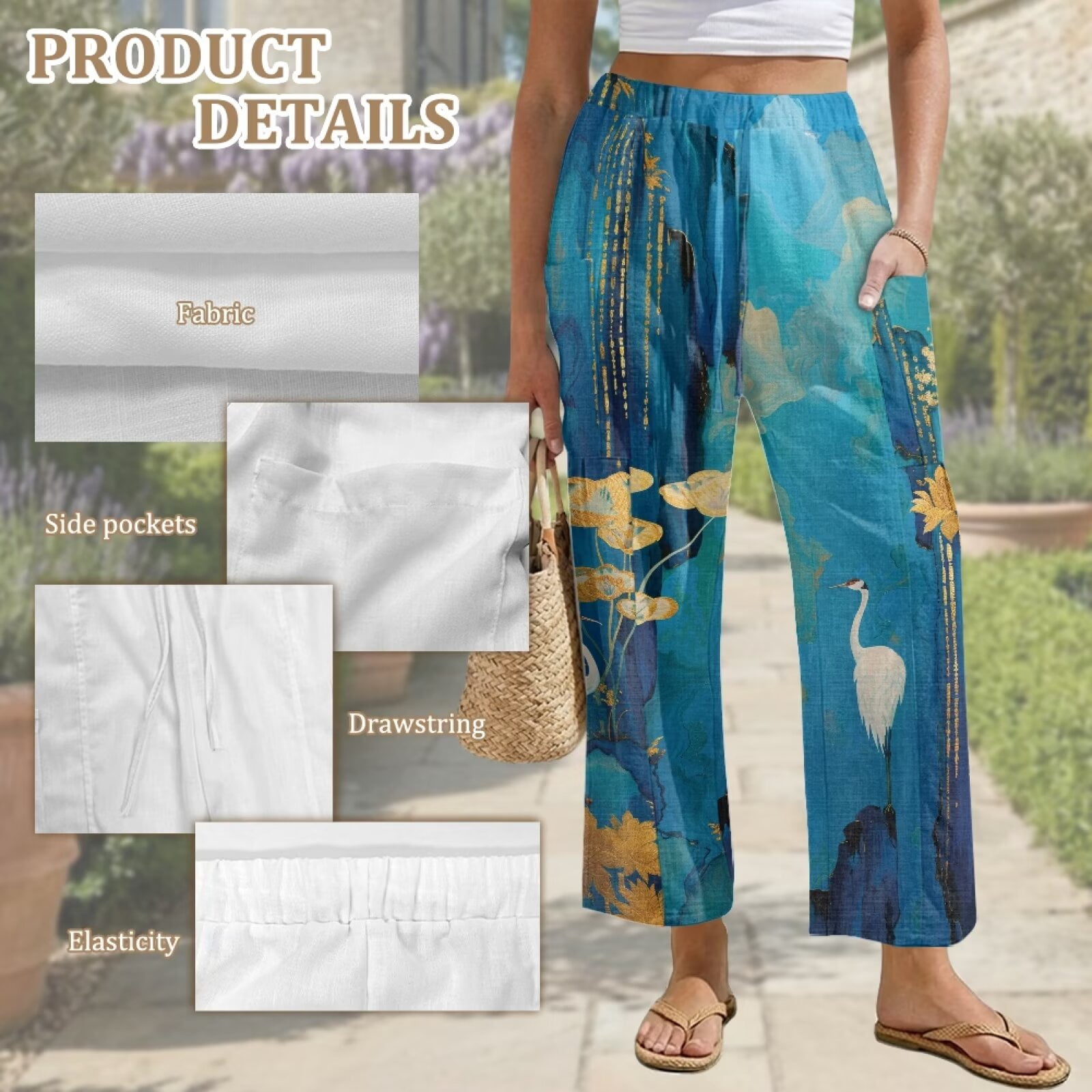 Yuyamidu Chinese Red Crowned Crane Womens Drawstring Straight Leg Pants with Pockets Loose Fit Line Palazzo Pants Petite High Waisted Lounge Trousers Chinese Print Outfits, Size 3XL