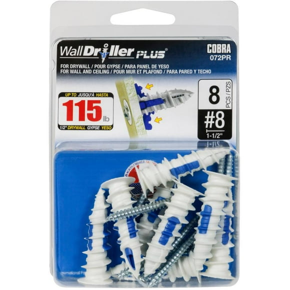 8 WallDriller Plus Anchors - avec Vis, Lot de 8