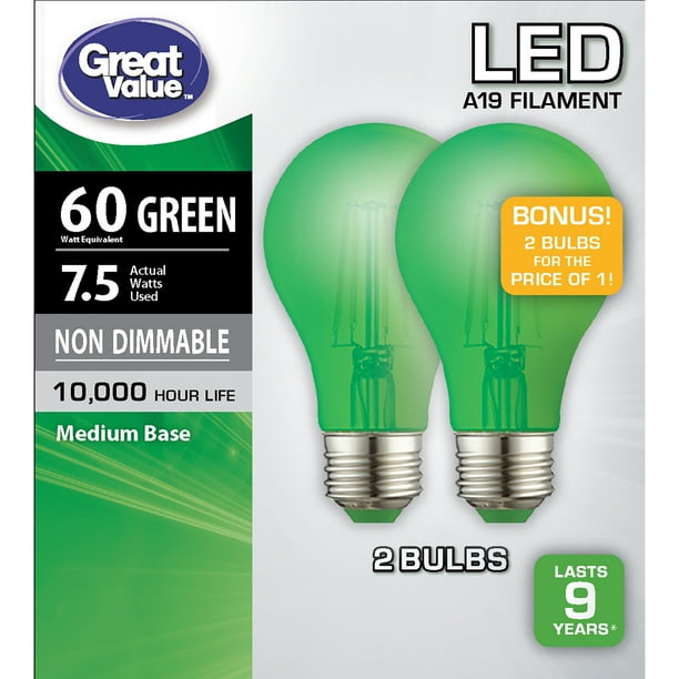Great Value Led Light Bulb 7 5 Watts 60w Equivalent A19 Lamp E26 Medium Base Non Dimmable Green 2 Pack Walmart Walmart  Great Value Led Light Bulb 7 5 Watts 60w Equivalent A19 Lamp E26 Medium Base Non Dimmable Green 2 Pack Walmart Walmart