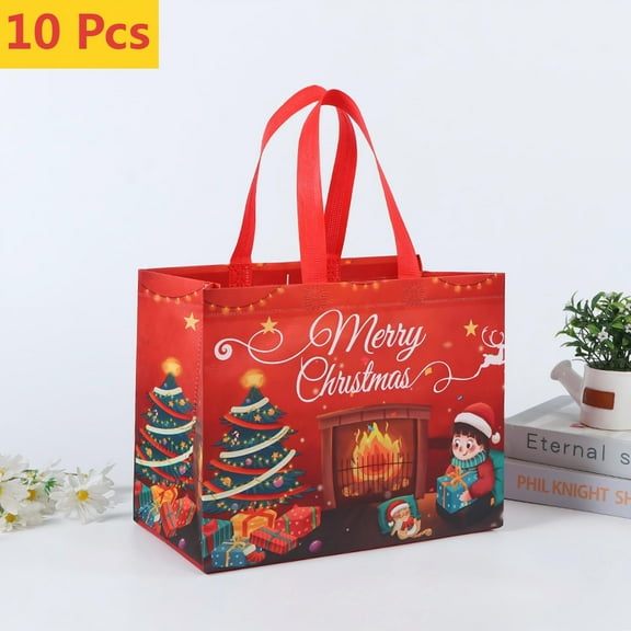 FEOLGEHLY 10 Pcs Extra Large Christmas Gift Bags, Christmas Tote Bags with Handles, Reusable Non-woven Wrapping Shopping Bag for New Year, Xmas Party Supplies Decorations, 12x7x10 inch