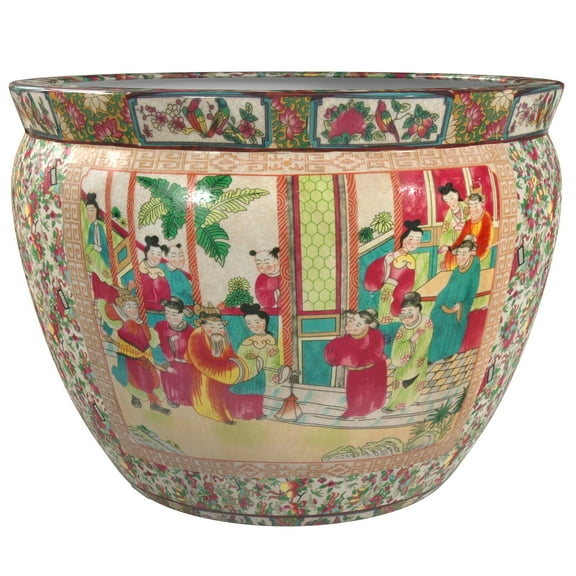 Red Lantern 14" Rose Medallion Porcelain Fishbowl Planter