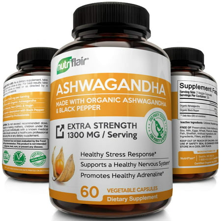 NutriFlair Organic Ashwagandha Capsules 1300mg - 60 Vegetarian Capsules with Black Pepper Extract - Stress Relief, Anxiety & Mood Enhancer, Thyroid & Adrenal Support - Best Root Powder