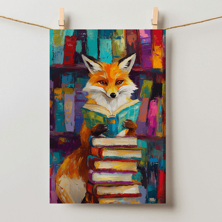 Whimsical Fox Reading Colorful Book Lover Kids Art Unframed Paper Poster 24x36in