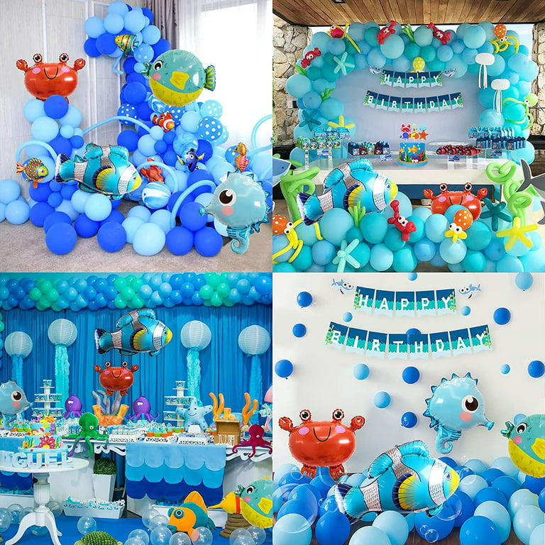 Mmtx Under The Sea Ocean Theme Shark and Fish Birthday Party Decorations for Boys, Marine Life Blue Balloons Arch Set with Banner, Marine Animals Foil
