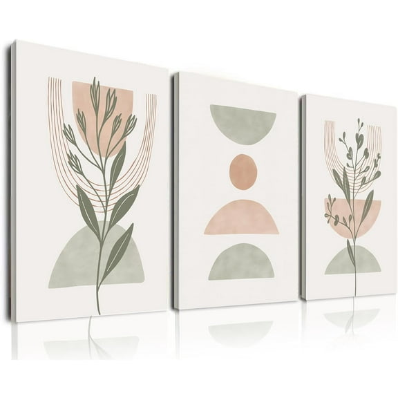 Boho Wall Art Prints Set of 3, Mid-Century Modern Prints, Framed Canvas Wall Art Abstract Geometric Line Botanical Artwork Paintings, Minimalist Boho Wall Decor for Living Room, Bedroom, Office