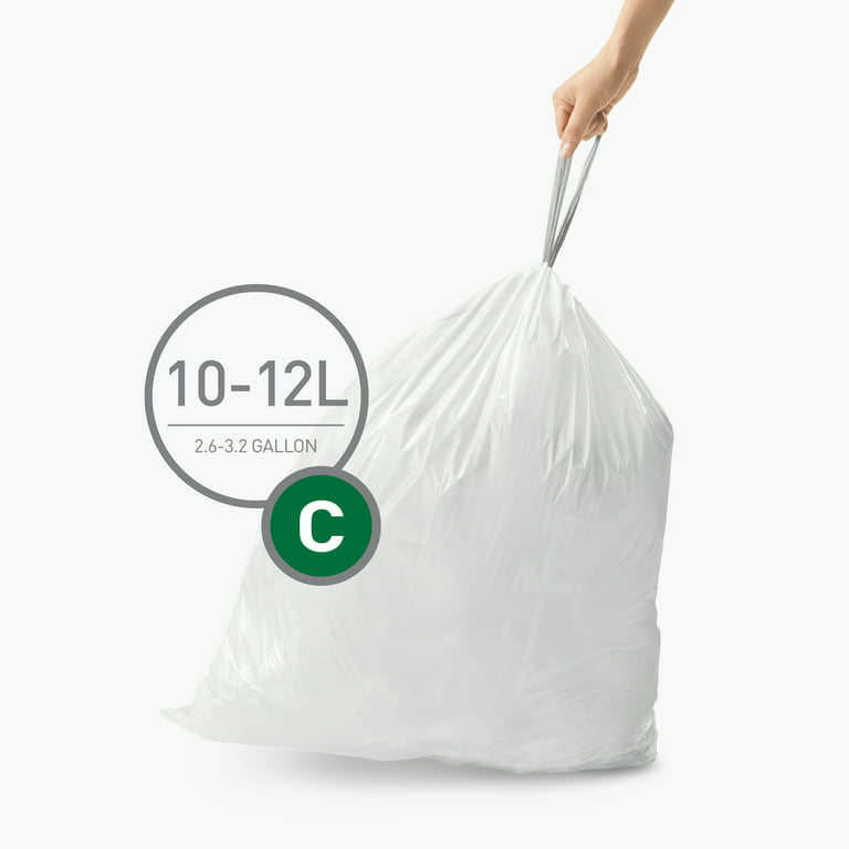 simplehuman Code C Custom Fit Drawstring Trash Bags in Dispenser Packs, 60  Count, 10-12 Liter / 2.6-3.2 Gallon, White 60 Liners
