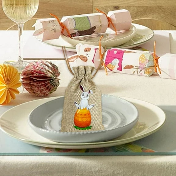 HongHeng 1Pc Easter Burlap Gift Bags Easter Drawstring Candy Treat Bags Bunny Linen Jute Gift Bags Easter Goodie Bags for Kids Easter Party Supply