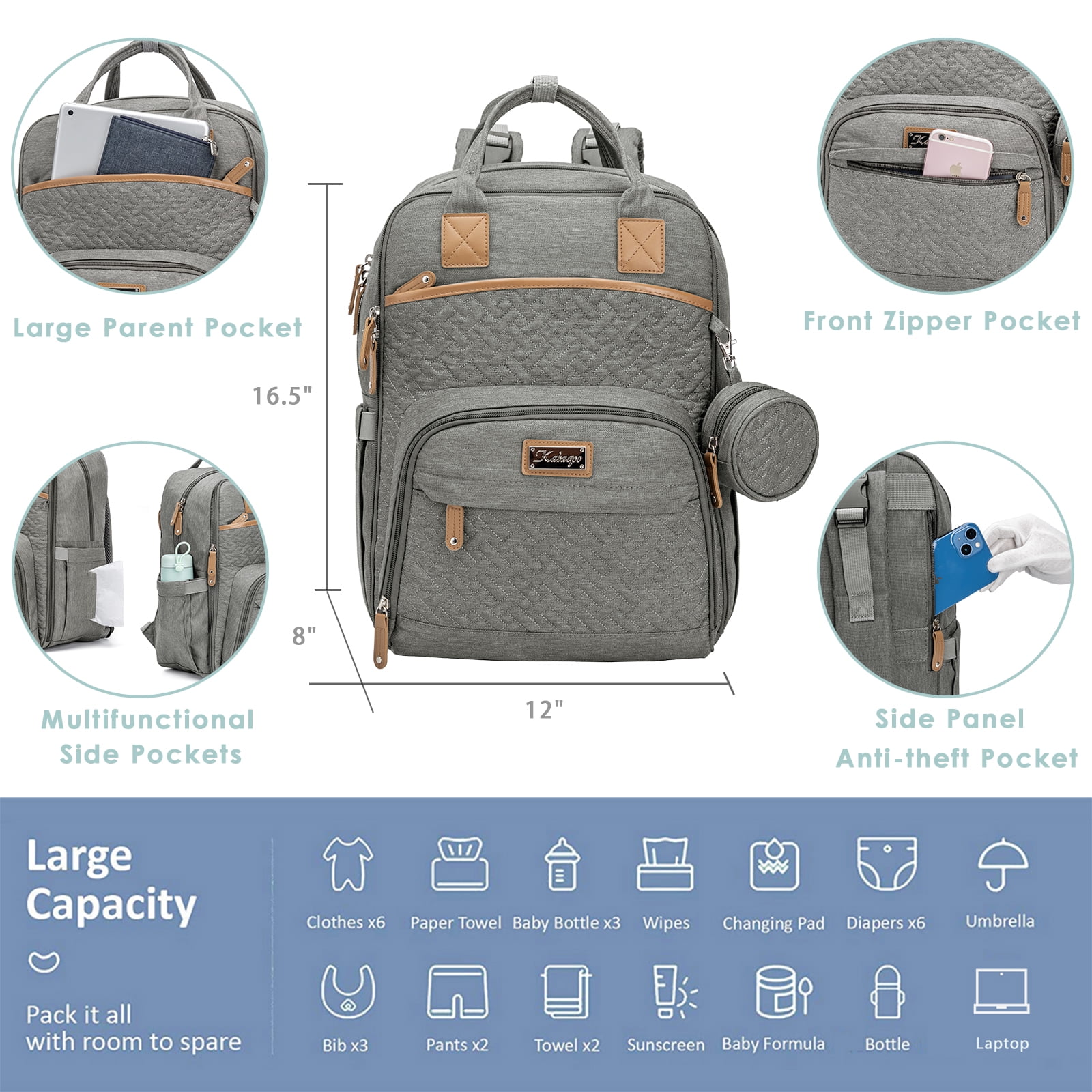 Kabaqoo Large Baby Diaper Backpack, Multifunction Waterproof Mom Bag with Changing Pad, Gray