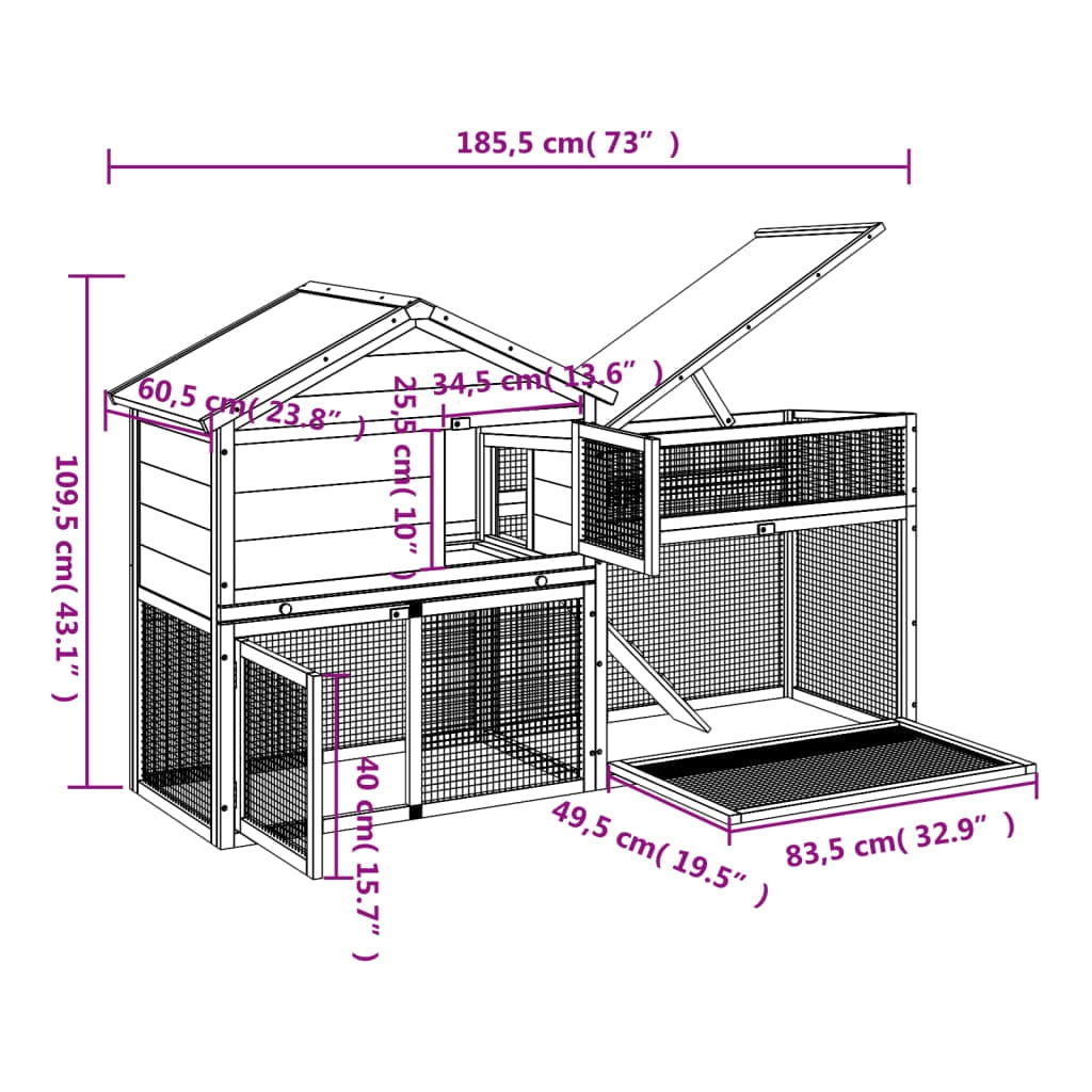 vidaXL Rabbit Hutch Brown 73"x23.8"x43.1" Solid Wood Pine