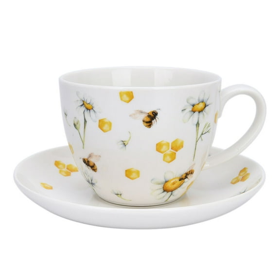 STP GOODS Porcelain Kitchen Teacups Tea with Honey Cup and Saucer 15.2 fl oz (450 ml) Pretty Tea Cup with Matching Saucer Christmas Mugs