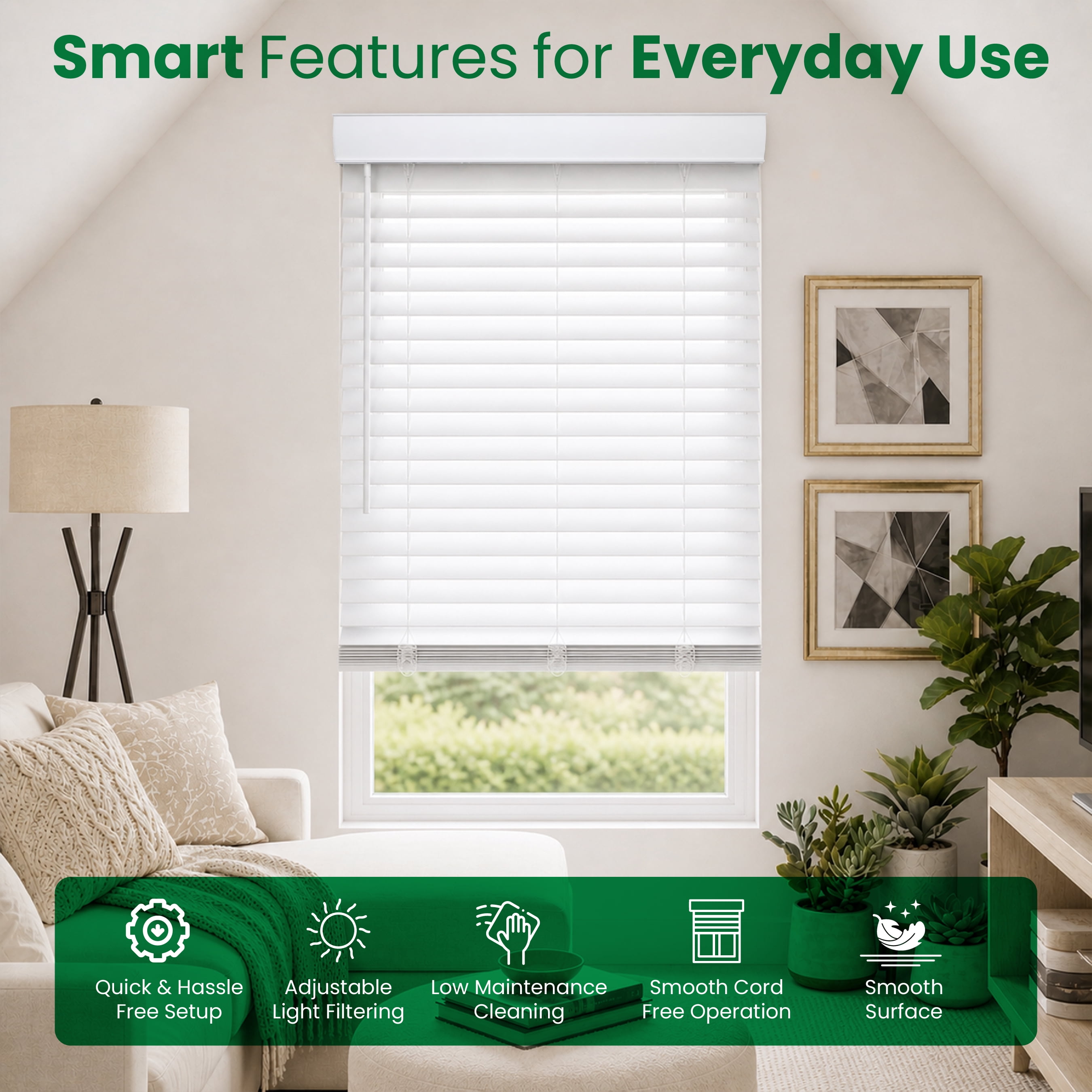 CALYX INTERIORS Faux Wood Blinds with Classic Valance, Cordless, 2" Slat, 22"W x 60"H, Room Darkening Shade for Windows and Doors, Pure White