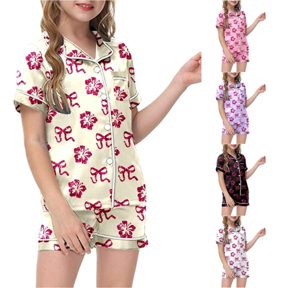 CUZIBR Girls Outfits Lapel Collar 2 Piece Sets Pajamas For Kids Children Graphic Print Short Sleeve Button Shirt Shorts Pajama Set Clothes Sets,Beige,9-10 Years