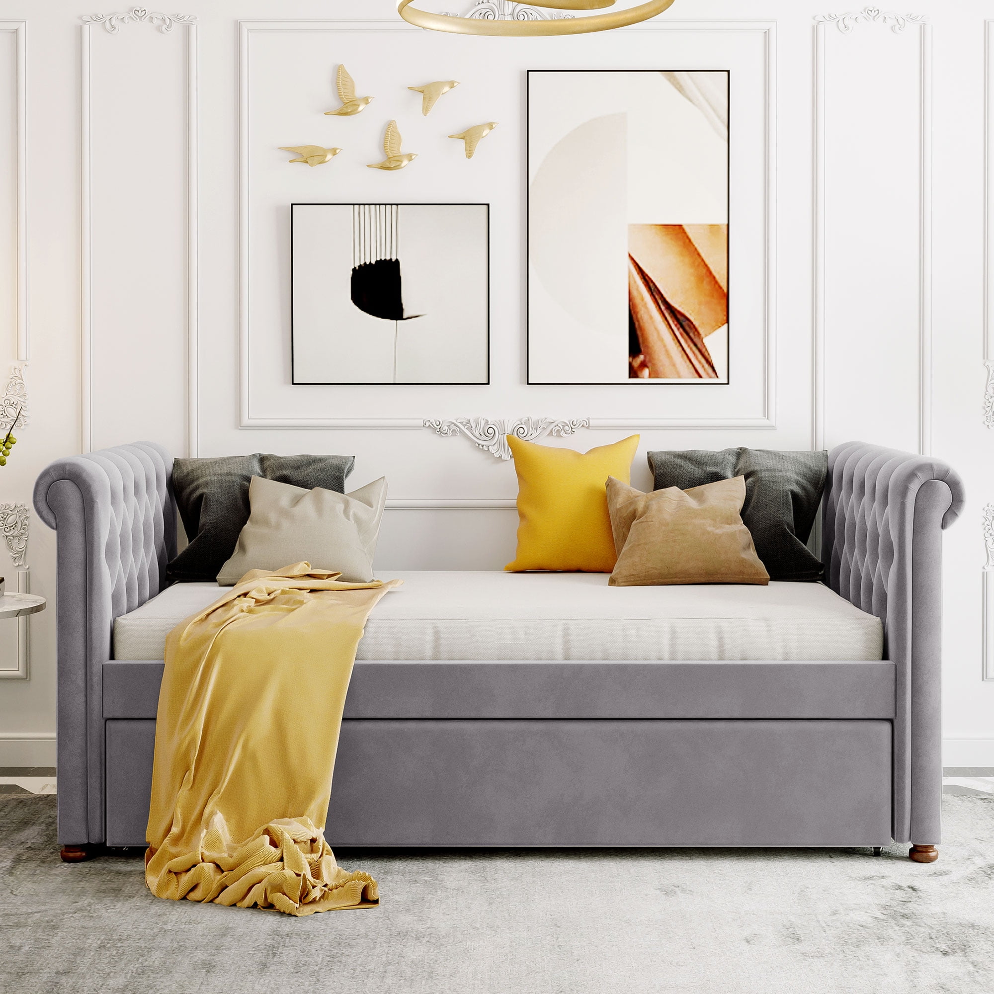 Aukfa Twin Size Upholstered Daybed with Trundle Bed, Velvet Button Tufted Sofa Daybed - Gray