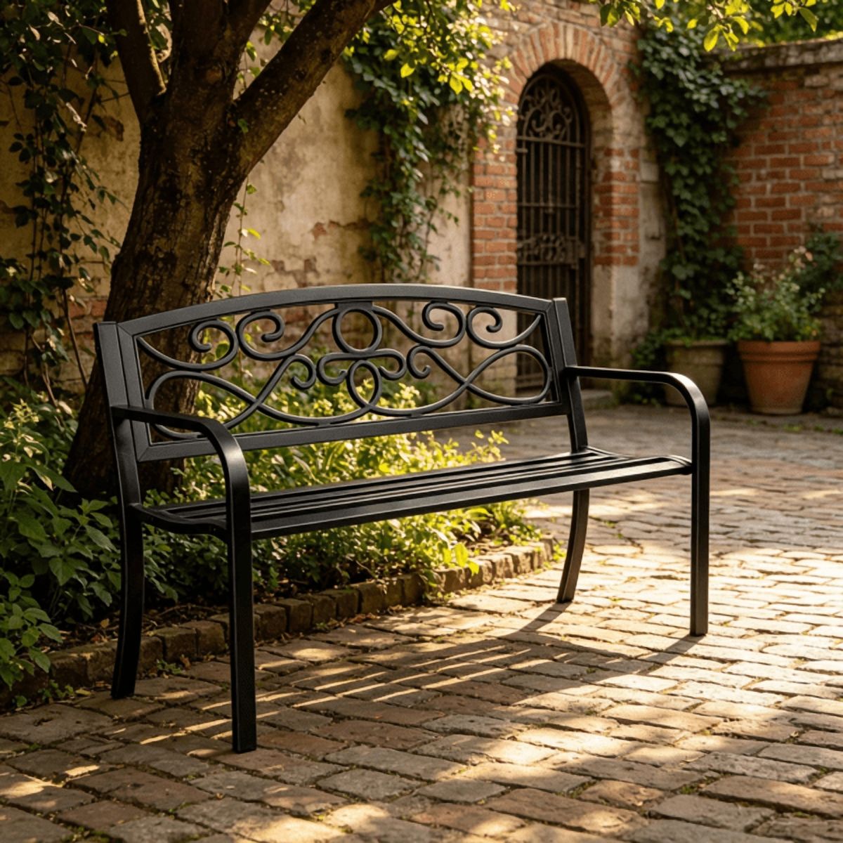50" Metal Outdoor Bench with Backrest & Armrests, 550 lbs Load Capacity, for Garden, Patio & Front Porch