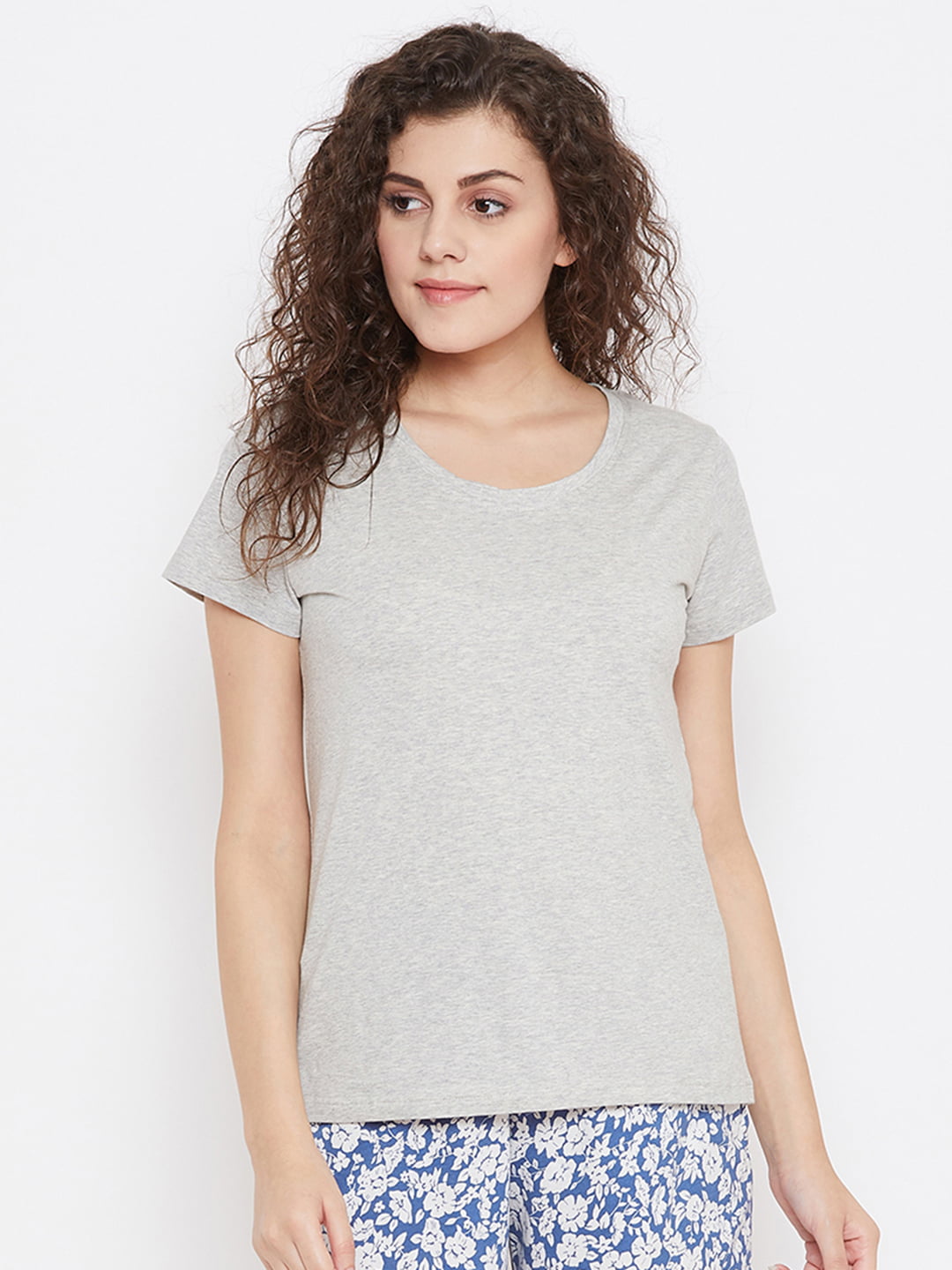 Clovia Solid Sleep T-Shirt in Light Grey - Cotton Rich 