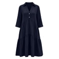 thumbnail image 4 of ClodeEU Women's Collar V Neck 3/4 Sleeve Tiered Mini Shirt Dress,Solid Loose Casual Dress Navy,Women's Plus L, 4 of 6