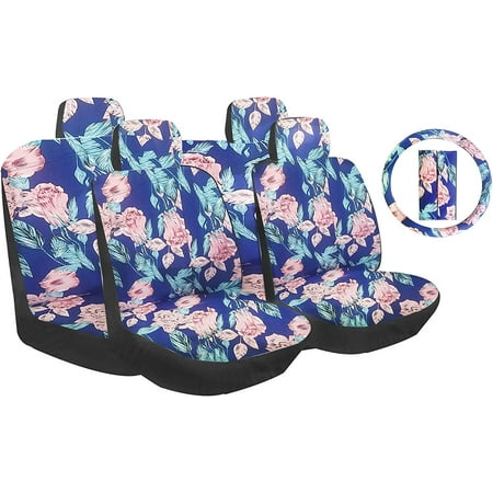 Plush Seat Belt Pads Cover (Premium 13 Piece Luxury Poly Cloth Blue Hawaiian Flowers Stitching Universal Car Seat Cover Set w/ Steering Wheel & Seat Belt Pads - Trendy)