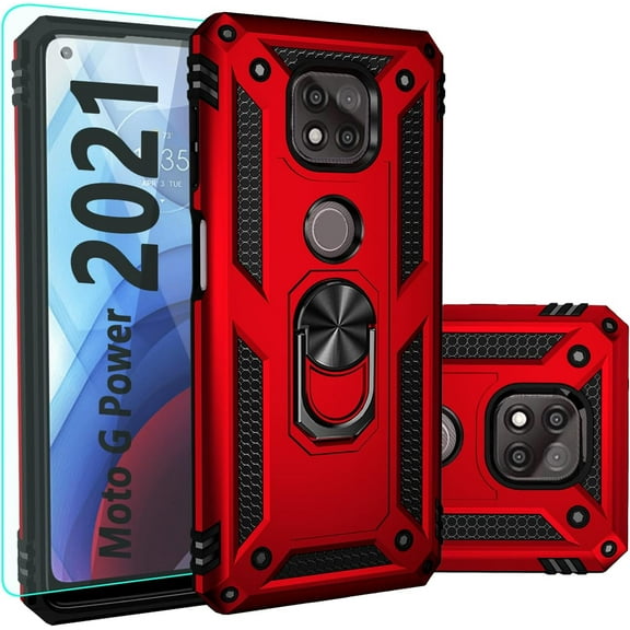 for Moto G Power 2021 Case,with Screen Protector,[Military Grade] 16ft. Drop Tested Cover with Magnetic Kickstand Car Mount Protective Case for Motorola Moto G Power 2021, Red