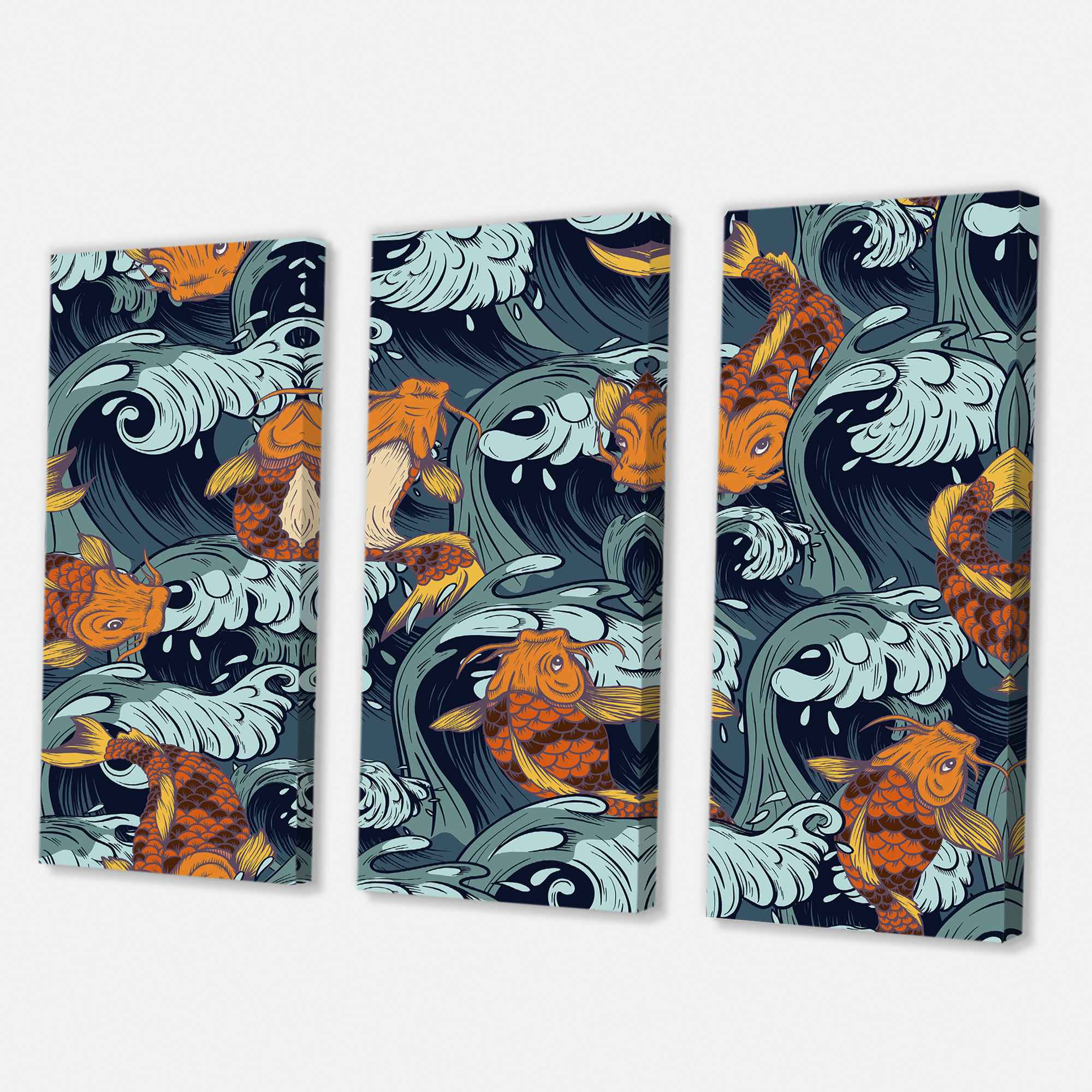 Designart ' Japanese Koi Fish on Sea Waves ' Nautical & Coastal Canvas Wall Art Print