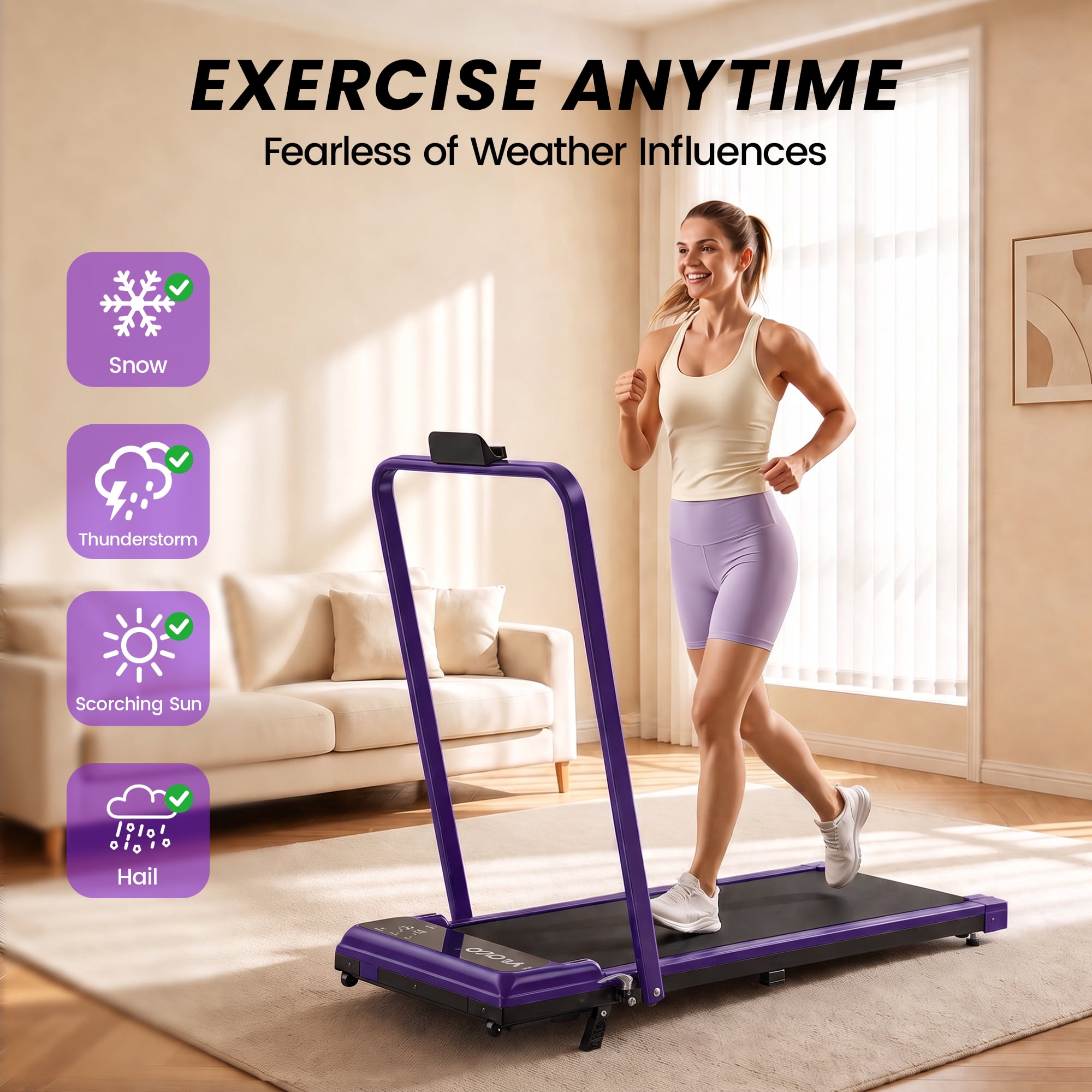 Walking Pad Treadmill with Handle Bar & 6% Adjustable Incline, Foldable Portable Treadmills for Home Office, Quiet Under Desk Treadmill, Purple