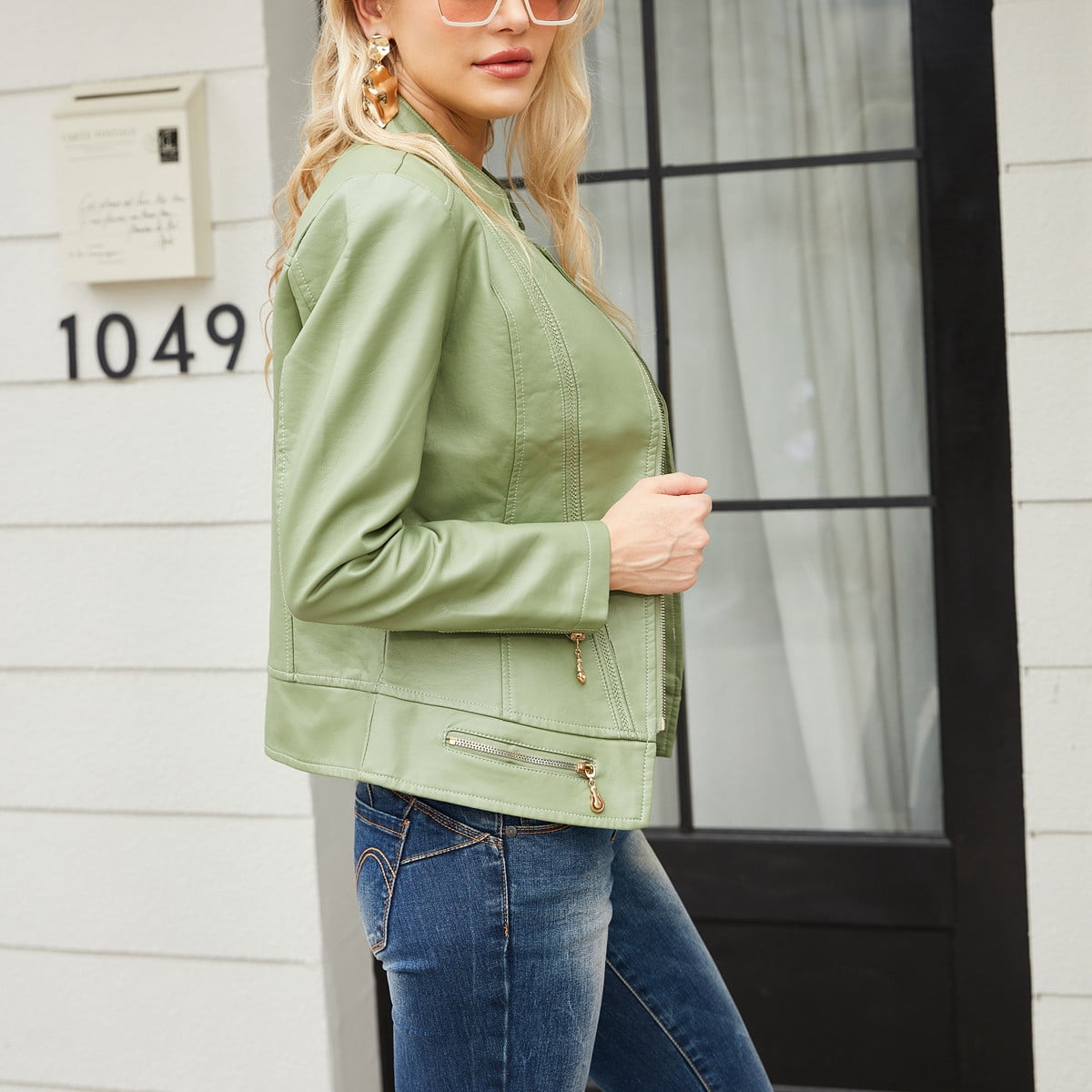 Faux Leather Moto Biker Jacket Women Zipper Lapel Collar Motorcycle Fitted Fall Coats Outwear Plus Size Long Sleeve (3X-Large, Green)