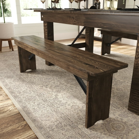 Merrick Lane Tinsley 60" x 12" Antique Rustic Solid Pine Folding Farmhouse Style Bench, Rustic Pinewood Folding Dining Bench with Locking Legs