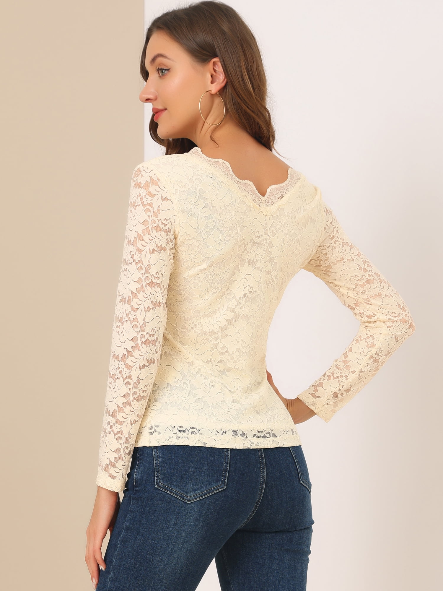 DARING DIVA Floral Lace Shirt Lace Scalloped Trim Blouse M Beige