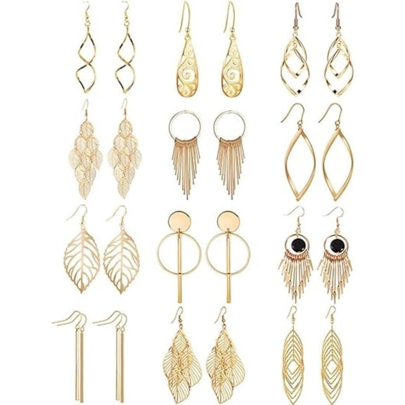 12 Pairs Artisan Drop Earrings, Lead & Nickel Free Hypoallergenic Jewelry, Handcrafted Vintage Boho Earrings for Women, Perfect Gift for Christmas & Birthday