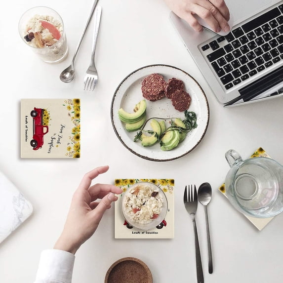 ZHANZZK Sunflowers Red Car Vintage Farm Fresh Loads of Sunshine Set of 8 Coaster for Drinks, Absorbent Ceramic Stone Coasters Cup Mat with Cork Base for Home Kitchen Room Coffee Table Bar Decor