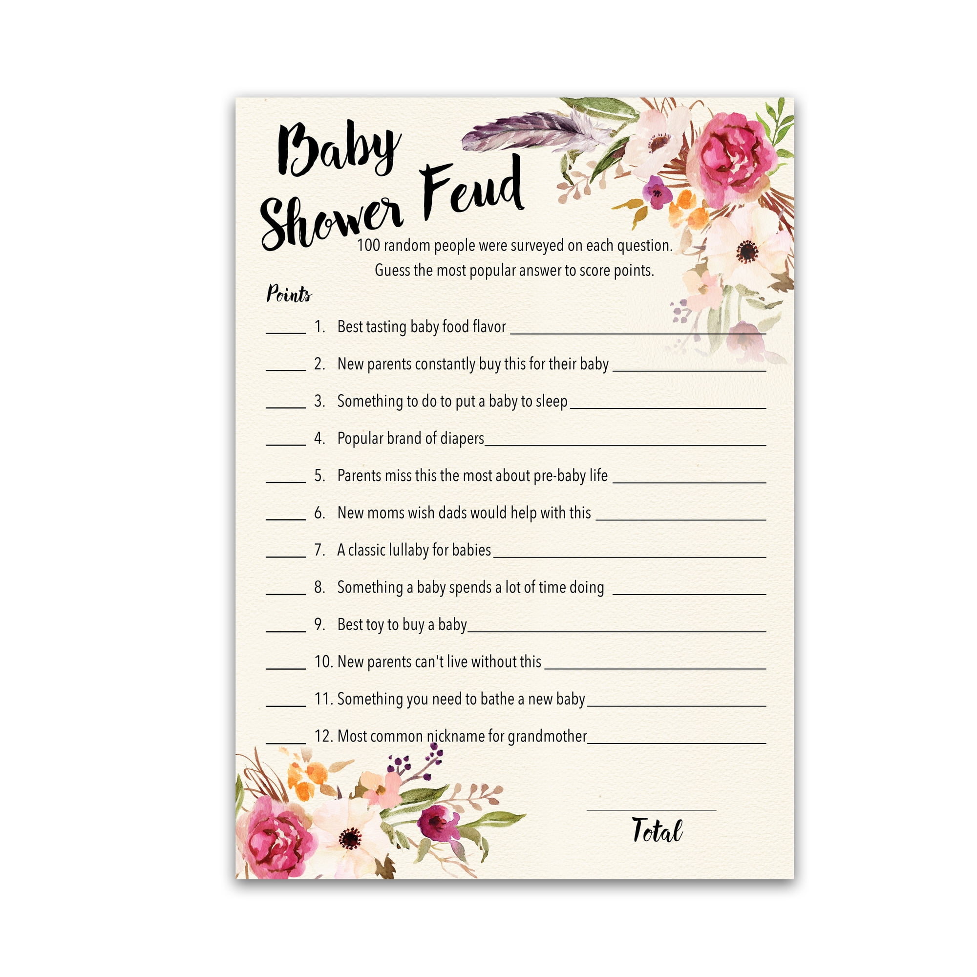 BOHO Baby Shower FEUD Game - Pack of 25 - Fun Shower Family Feud Games, GIRL Baby Shower Bohemian Pink Floral Baby Shower Activity, Rustic Bohemian Chic Baby Shower Fued Games G400-BSF