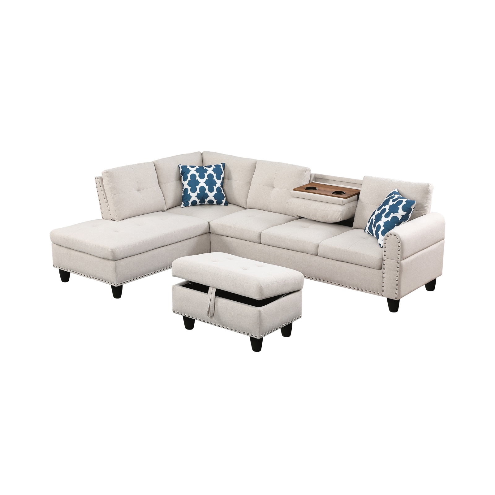 Hommoo L-Shaped Upholstered Sectional Sofa Couch with Storage & Cup Holders, Linen Living Room Sofa Set, With Ottoman, Beige