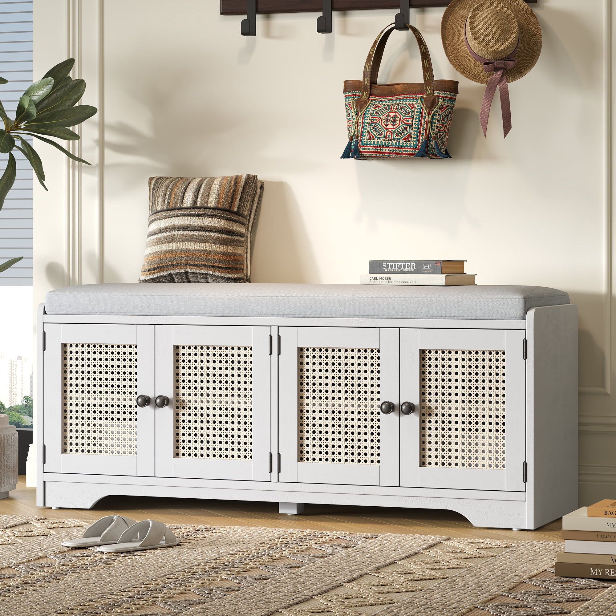 TREXM Rustic Storage Bench Multifunctional Wood Entryway Shoe Bench with Removable Cushion, Woven Rattan Doors & Adjustable Shelves for Hallway, Living Room (White+Beige )