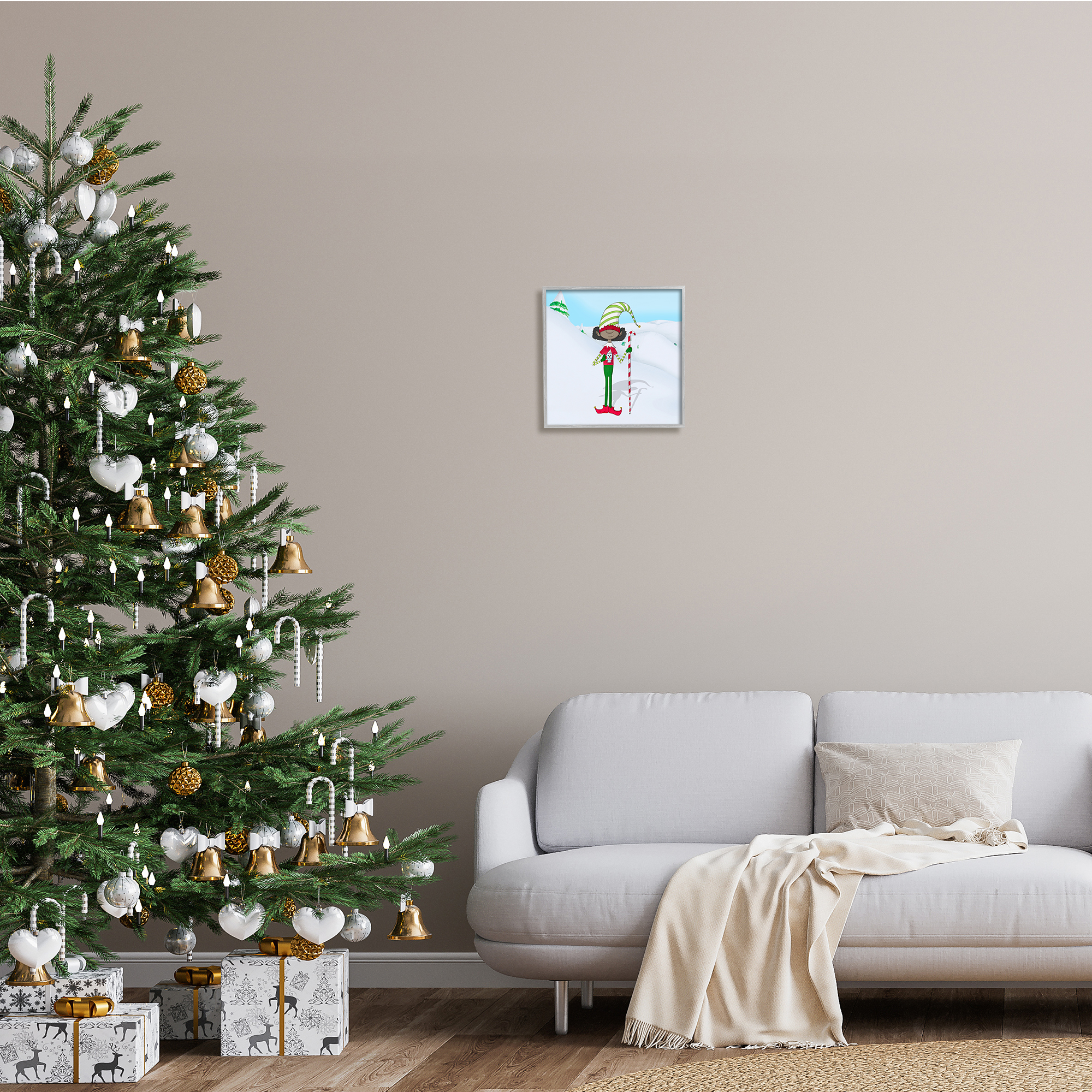 Stupell Indtries Holiday Elf with Hot Cocoa Snowy Winter Scene,12 x 12,Design by Hugo Edwins