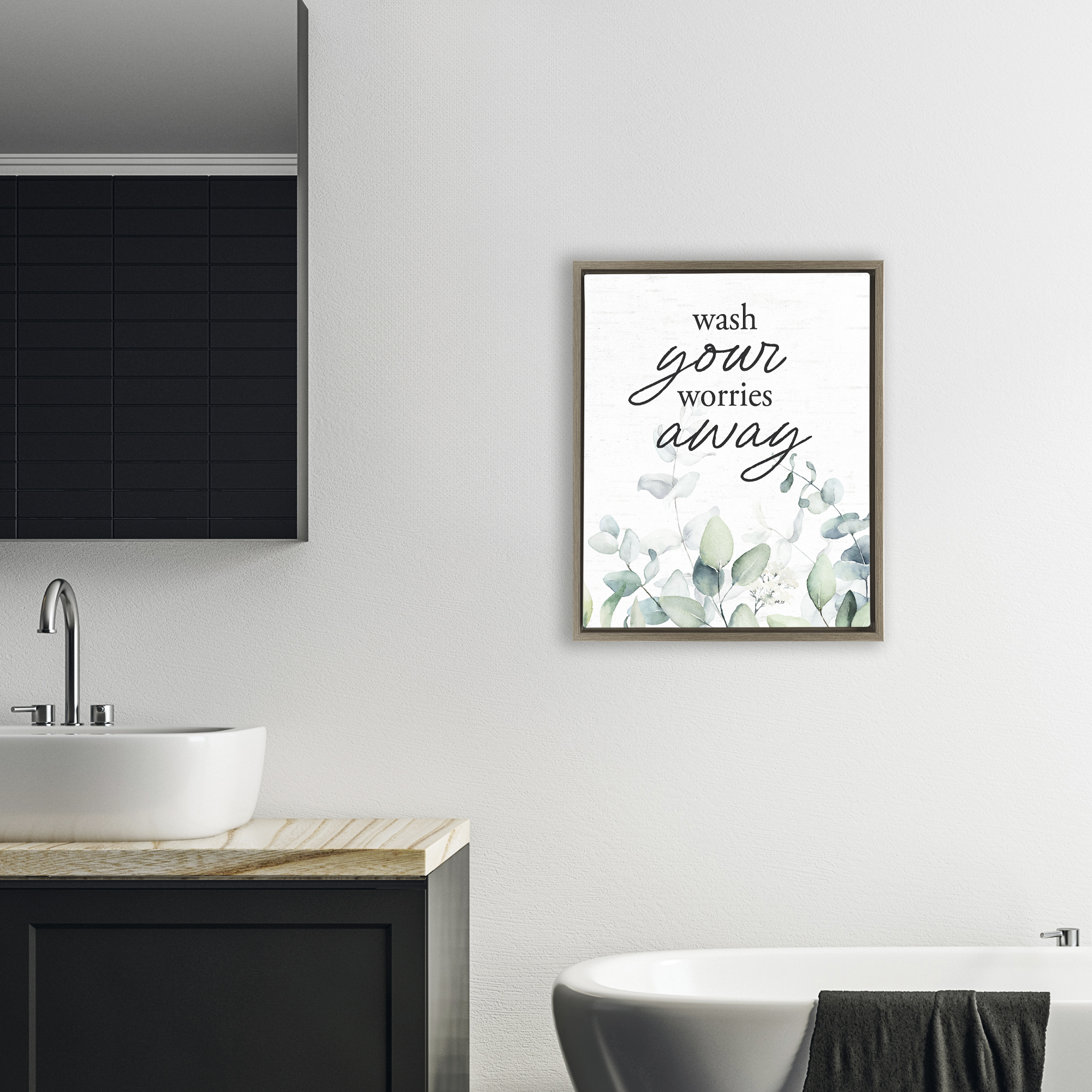 Wash Worries Away Herb Leaves Brown Framed Floater Canvas Wall Art, design by Lettered and Lined