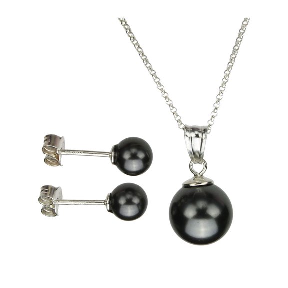 Sterling Silver Chain Necklace Stud Post Dark Grey Simulated Pearl Made with Swarovski Crystals 18"