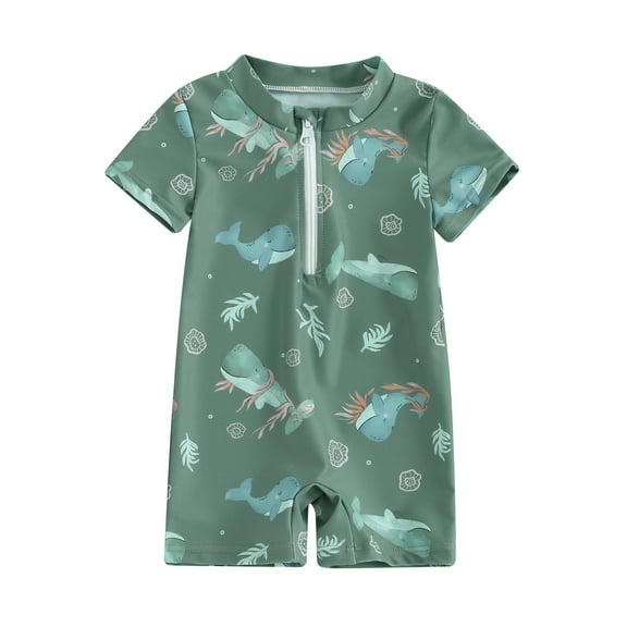 Bagilaanoe Toddler Baby Boys One-Piece Swimsuit Cartoon Print Short Sleeve Zipper Rashguard Swimwear 3M 6M 12M 2T 3T Kids Jumpsuit Bathing Suit