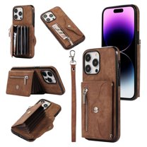 RFID BLOCKING Wallet Case for iPhone 16 Pro Max with Card Holder, Zipper Pocket Kickstand Function Shockproof Purse Phone Cover with Removable Shoulder Strap & Wrist Strap, Brown