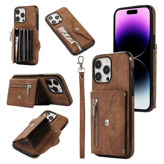 SaniMore for iPhone 14 Pro Case, iPhone 14 Pro Wallet Case for Women Men, PU Leather RFID Blocking Wristlet Zipper Shoulder Strap Cover with Card Holder Kickstand, Brown