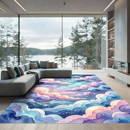 ODIKA 4'x6' Machine Washable Non-Slip Area Rug, Watercolor Navy Blue High Traffic Rug, Blue, 993882