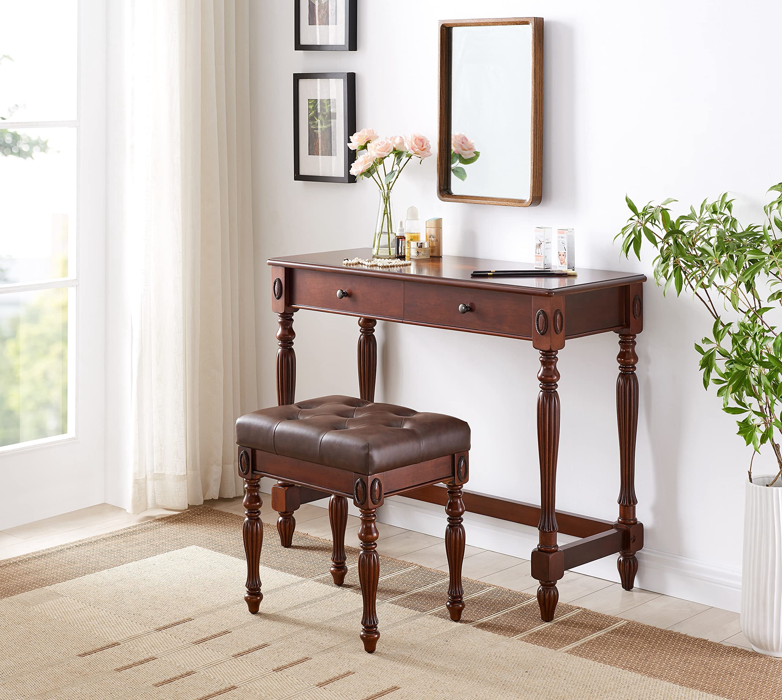 JESONVID Solid Wood Computer Writing Desk with 2 Big Drawers 39.4" Wide Home Office Desk Workstation Small Rustic Study Table Furniture in Cherry for Home Office Bedroom Living Room, SSZ-1533WD