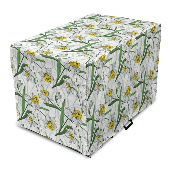 Floral Dog Crate Cover, Narcissus Blossoms Field Floral Botanical Wild Spring Daffodil Petals, Easy to Use Pet Kennel Cover Small Dogs Puppies Kittens, 7 Sizes, Yellow Green and Pearl, by Ambesonne