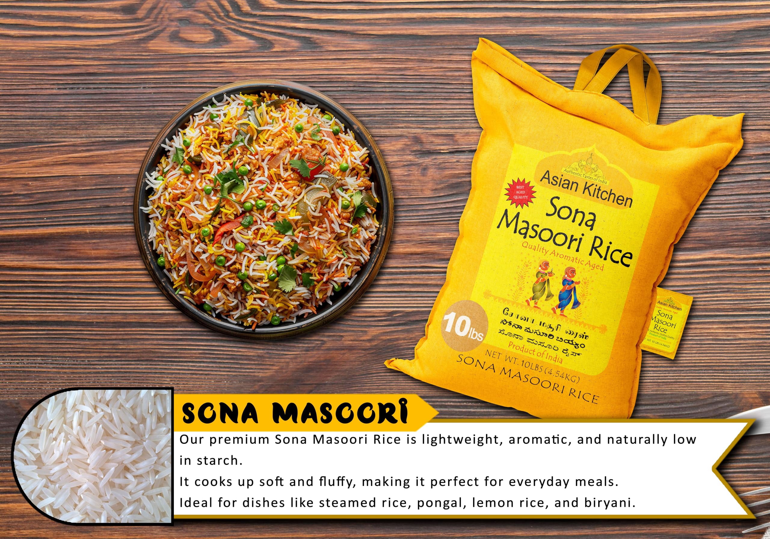 Asian Kitchen White Sona Masoori Aged Rice 10-Pound Bag, 10lbs (4.54kg) Short Grain Rice ~ All Natural | Gluten Friendly | Vegan | Indian Origin | Export Quality