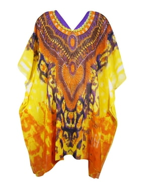 Mogul Women Yellow Georgette Knee Length Digital Print Abaya Caftan Cover Up Resort Wear Maxi Dress 4XL