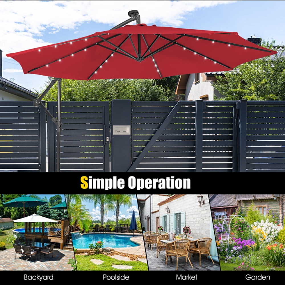 Aimee Lii 10 Feet Patio Solar Powered Cantilever Umbrella with Tilting System, Sunbrella Patio Umbrellas, Red Aimee Lii 10 Feet Patio Solar Powered Cantilever Umbrella with Tilting System, Sunbrella Patio Umbrellas, Red