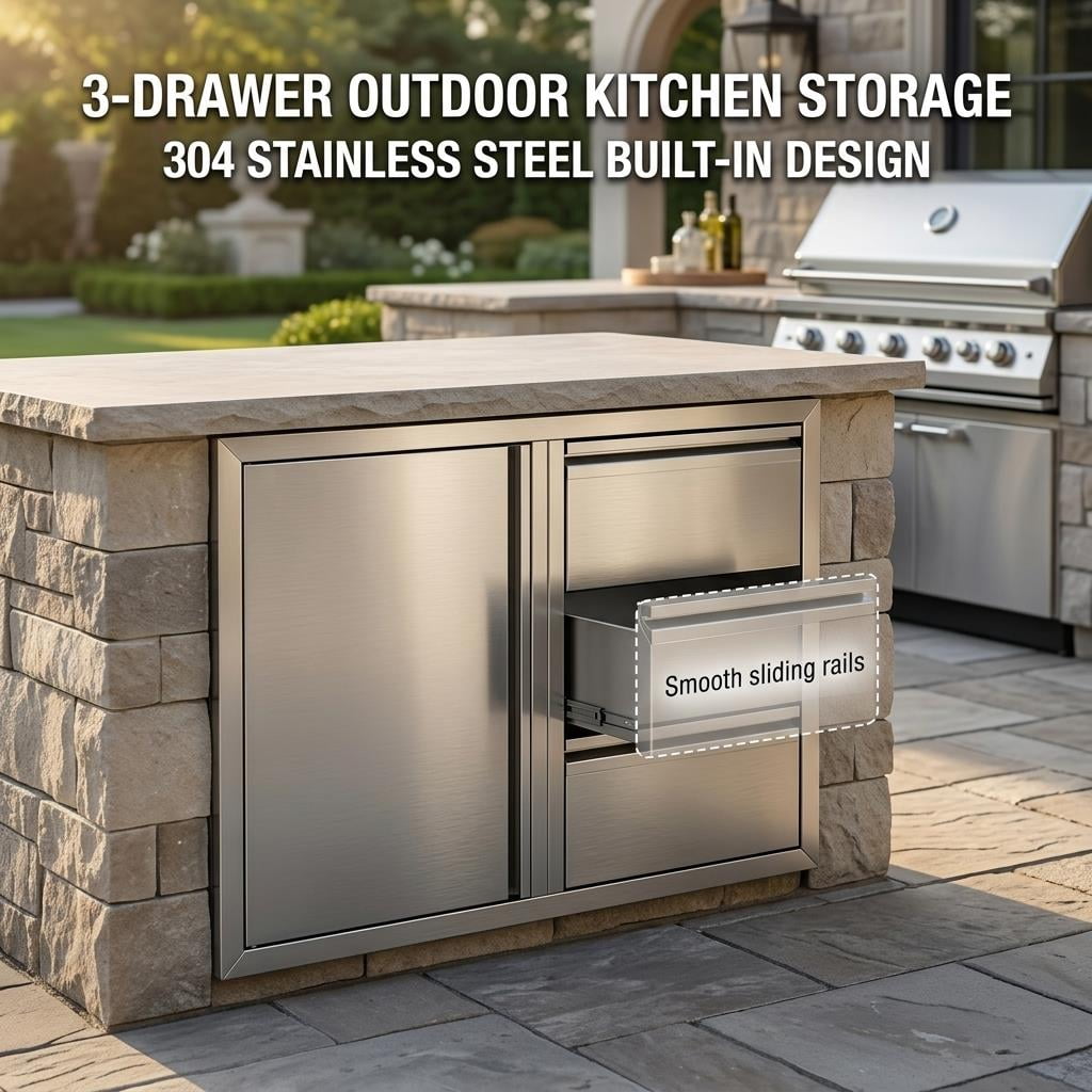 Stainless Steel Outdoor Kitchen Cabinet, 3 Drawer Built-in BBQ Storage Cabinet with Single Door for Patio Grill Station